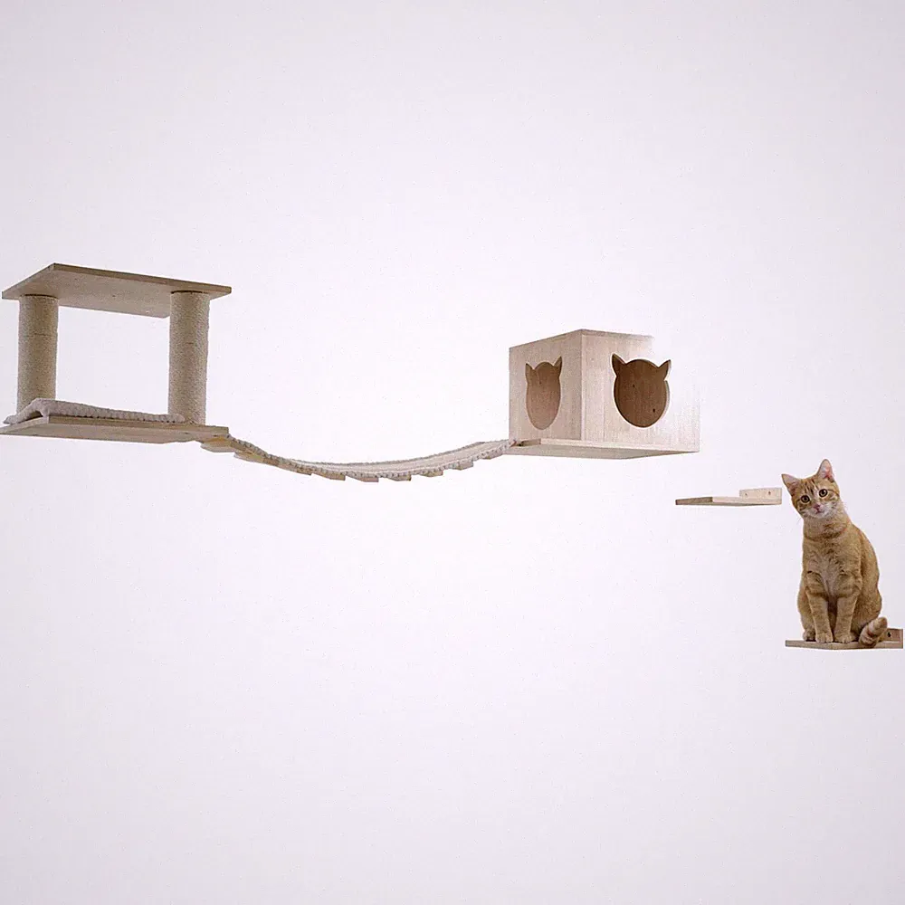 Katzen Kletterwand TOP Wand-Kratzbaum Hängebrücke Sisal Höhle Massivholz