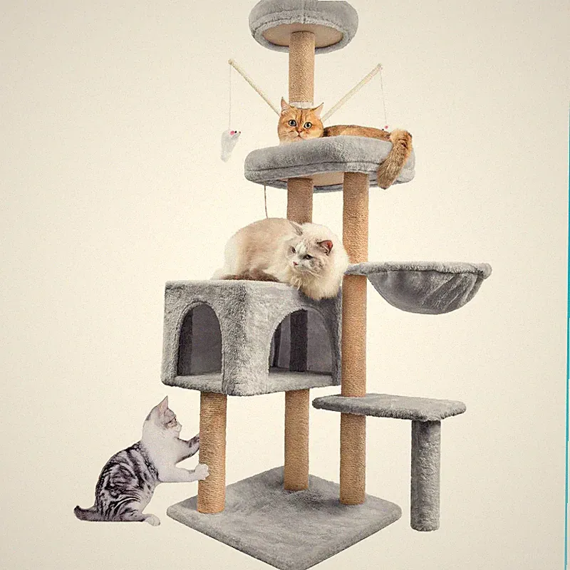 Katzen Kratzbaum 145 cm mit Sisal Kletterturm Höhle Plattformen Hellgrau