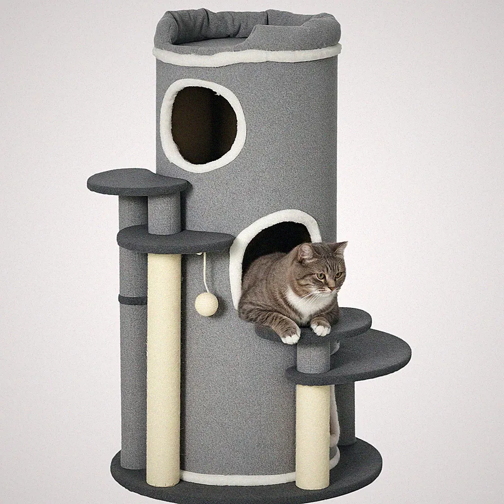 Katzen Kratzbaum 99 cm Kratztonne Katzenbaum mit Katzenbett, Spielball, Grau