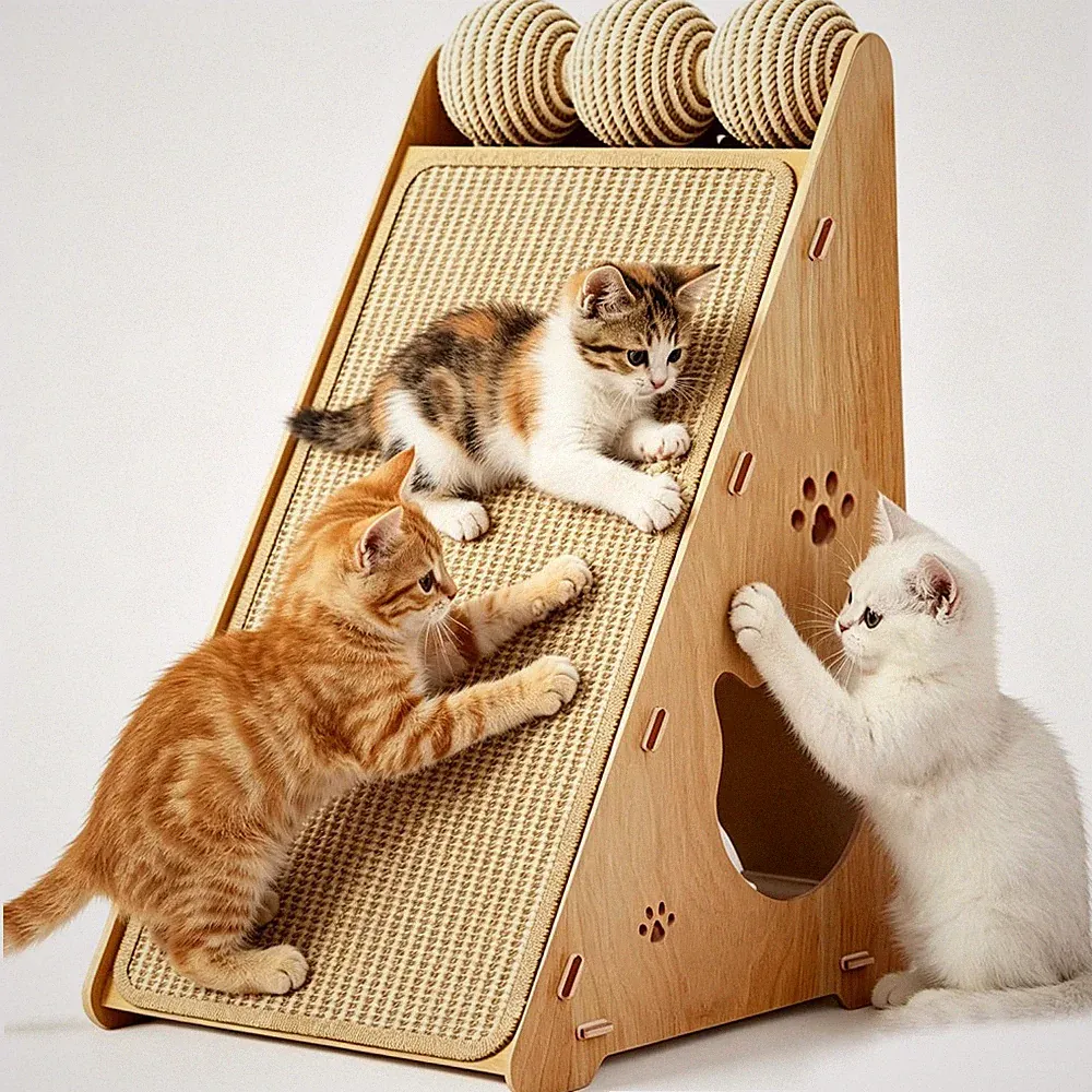 Katzen Kratzbaum aus Naturholz und Leinen mit robuster Kratzfläche für Zuhause