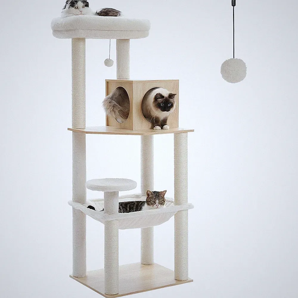 Katzen Kratzbaum Holz 143cm, Sisal, Mehrstufig, beige, stabil