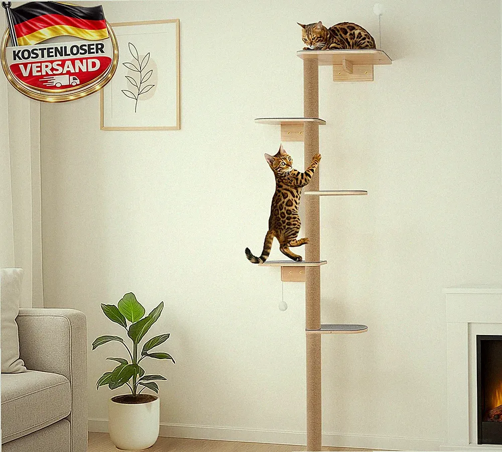 Katzen Wandkratzbaum 210cm mit 5 Etagen, rutschfeste Filzflächen, flexibel