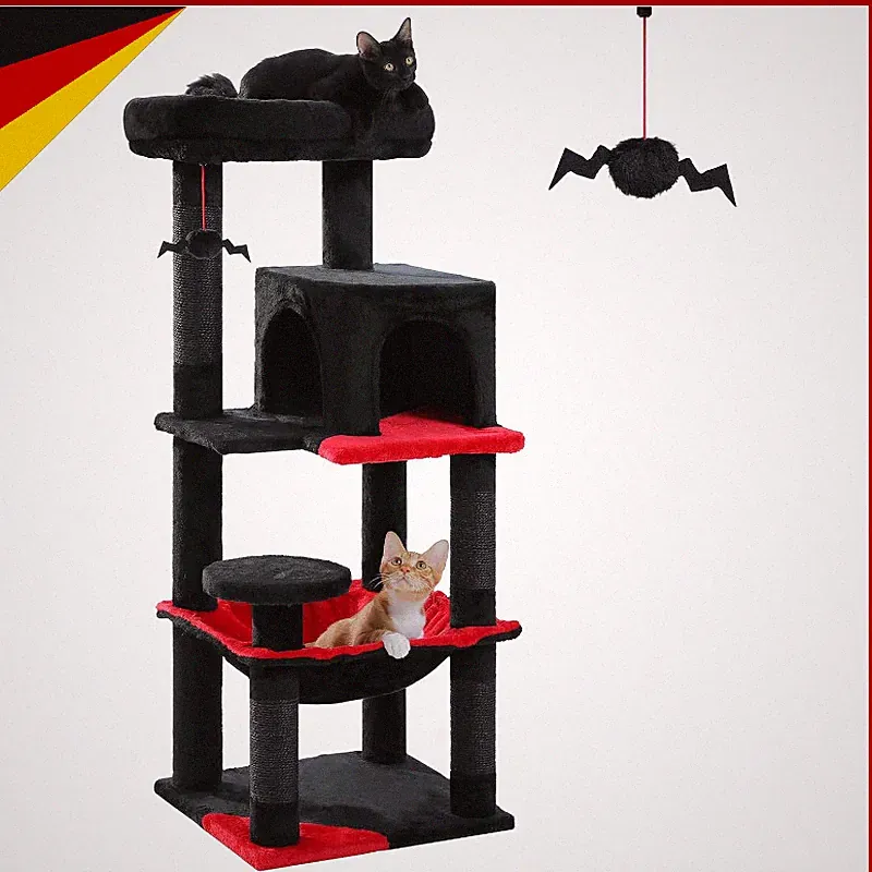 Katzenbaum 116cm Schwarz Kratzbaum mit Hängematte 6 Ebenen für Katzen