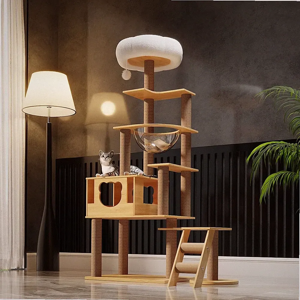 Katzenbaum 165 cm mit Kratzsäule Raumkapsel Plattformen beige inklMontage