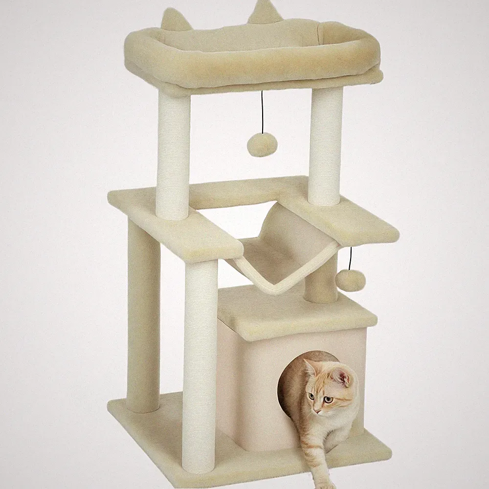 Katzenbaum 90 cm Kratzbaum mit Hängematte Katzenkratzbaum Plüsch Sisal Creme