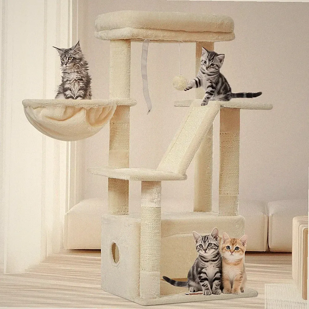Katzenbaum 98cm stabil für Wohnungskatzen mit Bodenplatte & Sisal