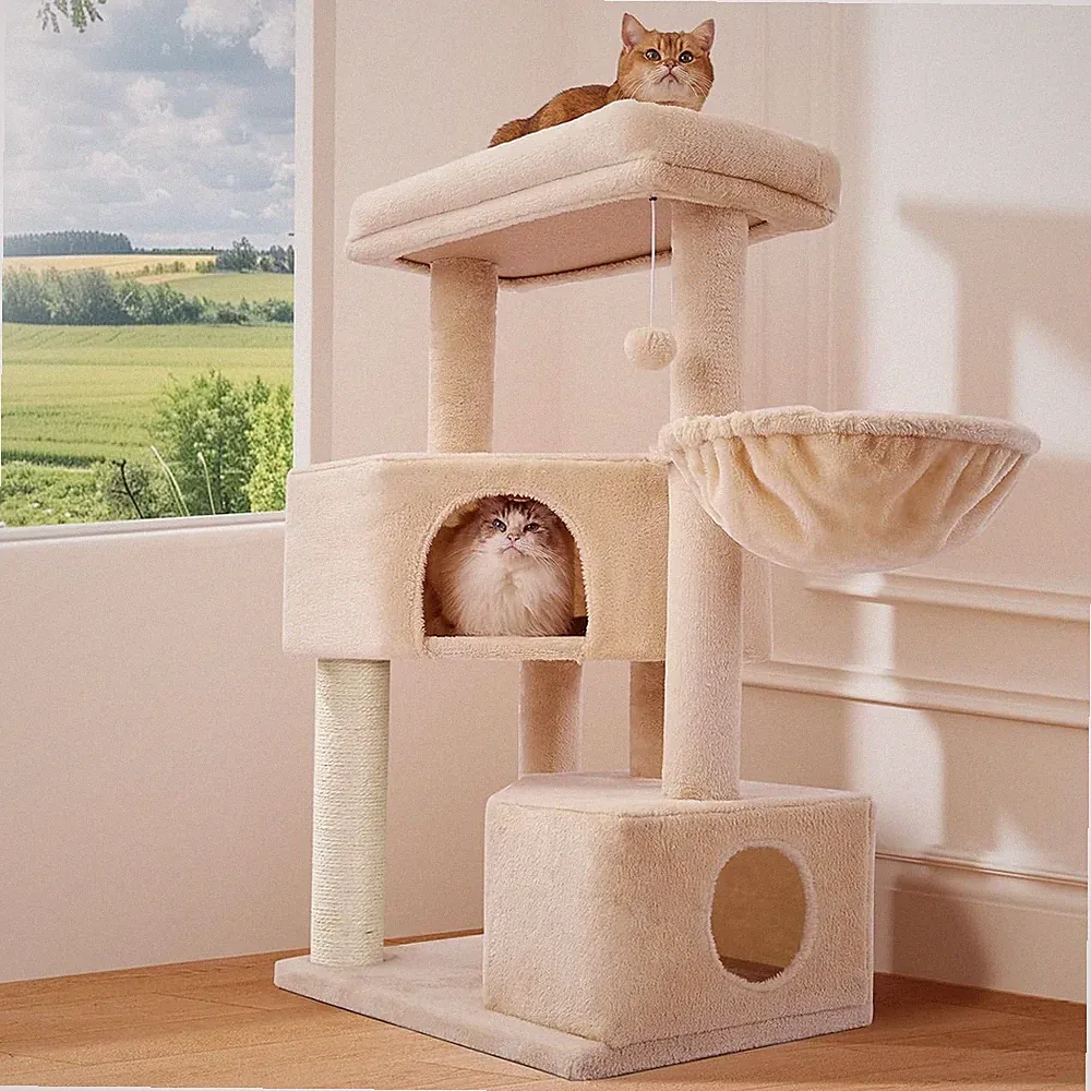 Katzenbaum groß Beige Kratzbaum Kletterbaum Sisal Plüsch Höhlen 105 cm