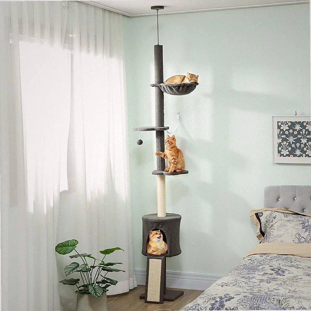 Katzenbaum, Höhle, Hängematte, verstellbare Höhe, Kratzbaum mit Stoffbezug, Grau