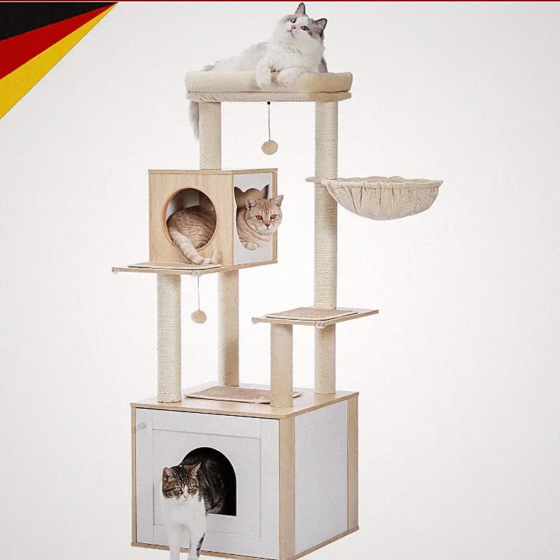 Katzenbaum Holz mit Aufbewahrungsschrank Katzentoilette Gehege Beige für Katzen