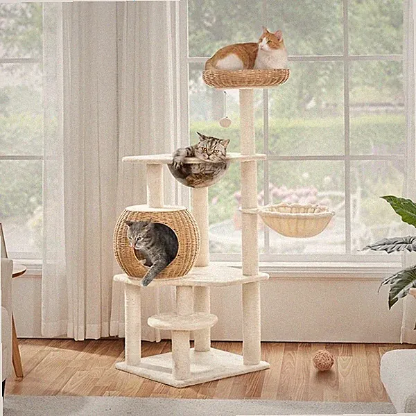 Katzenbaum Katzenkratzbaum Sisalkratzbaum Plüschbezug Stabiler Kletterbaum Beige