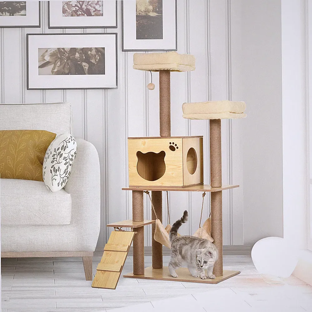 Katzenbaum Kletterturm aus Holz für große Katzen mit 5 Kratzbäumen gelb
