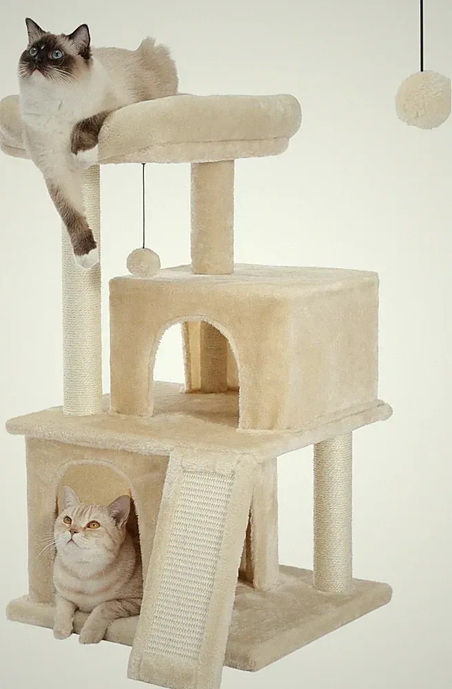 Katzenbaum Kratzbäume Spielhaus Beige Plüsch Sisal 85x42x32cm