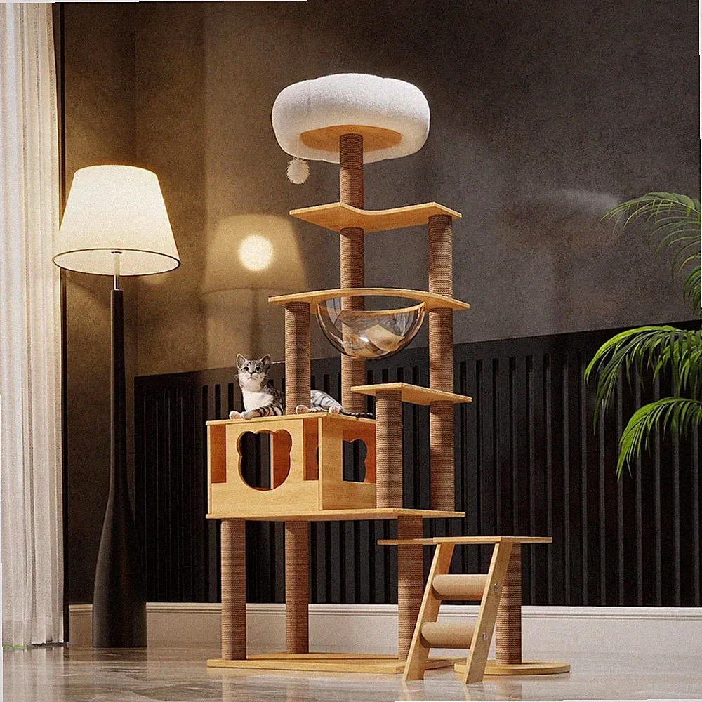 Katzenbaum Kratzbaum 165cm mit Raumkapsel Spielplattformen Sisal beige