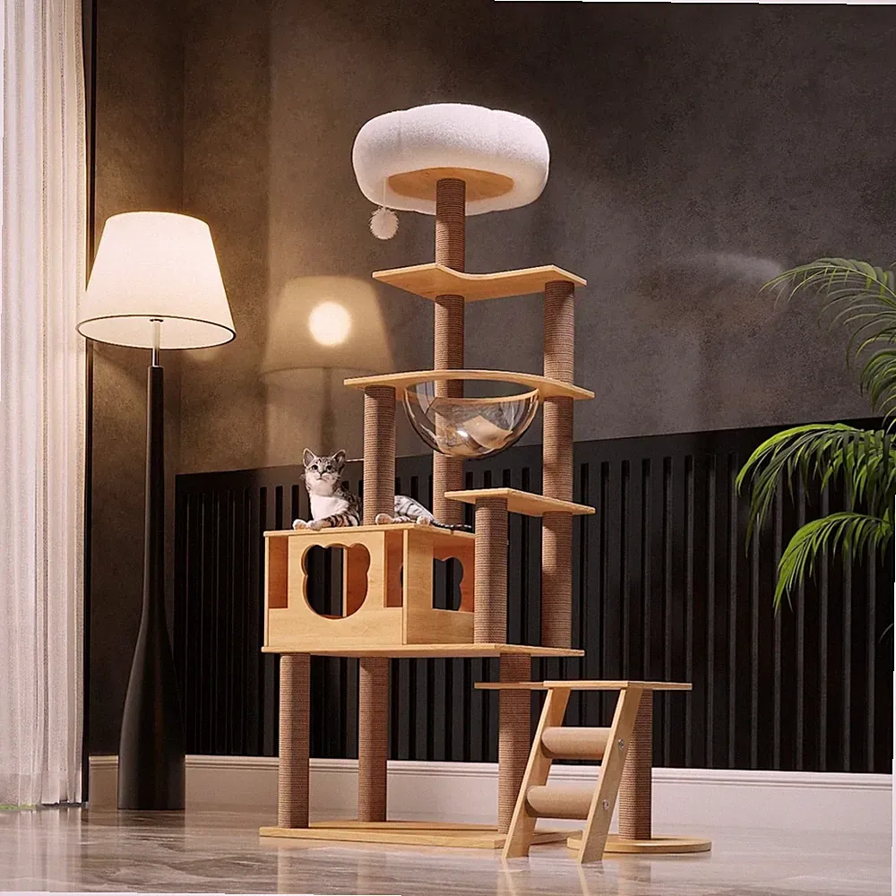 Katzenbaum Kratzbaum Katzenkratzbaum 165cm Holz Natur Plüsch Jute Spielzeug