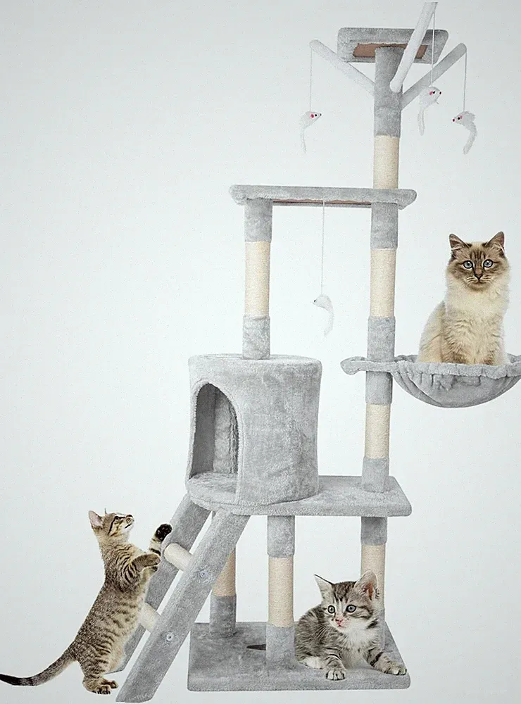Katzenbaum Kratzbaum Kletterbaum Grau 143 cm Katzen Kratz Spiel Sisal Beige XXL