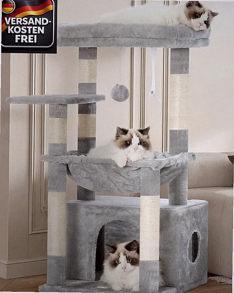 Katzenbaum mit großem Korb Kratzsäulen und Mehrere Ebenen robustes Spielzeug