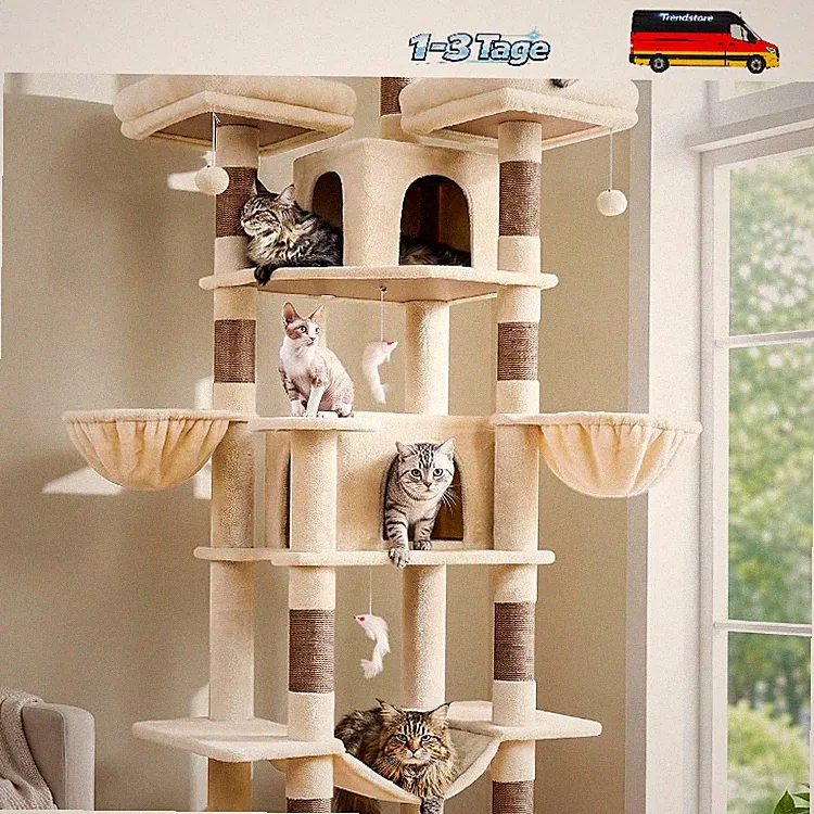 Katzenbaum mit Hängematte 204cm XXL Kratzbaum Beige 3 Sitz