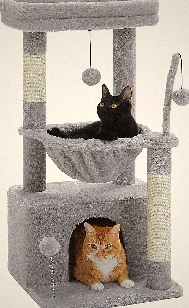 Katzenbaum mit Hängematte, Sisal-Kratzbaum, großer Sitzstange, Grau 83 cm