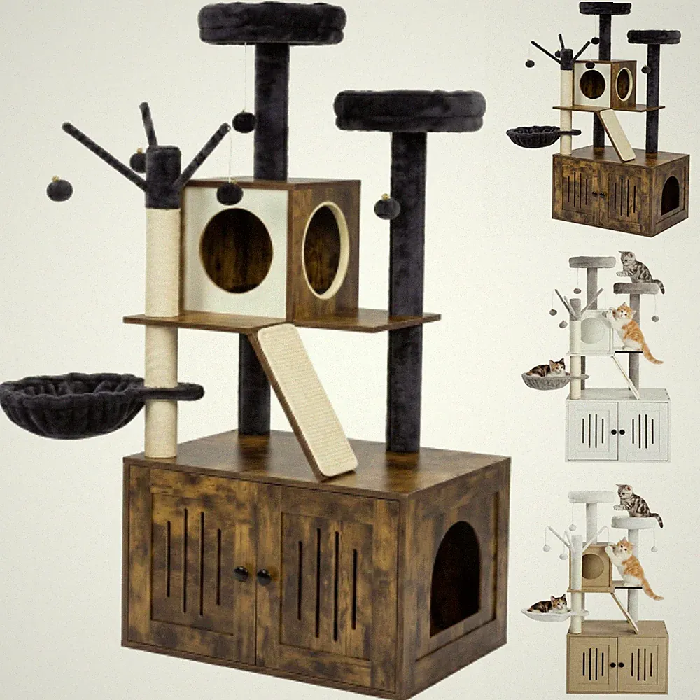 Katzenbaum mit katzenklo Schrank Katzenbaum Turm Katzentoilettenmöbel 137CM Höhe