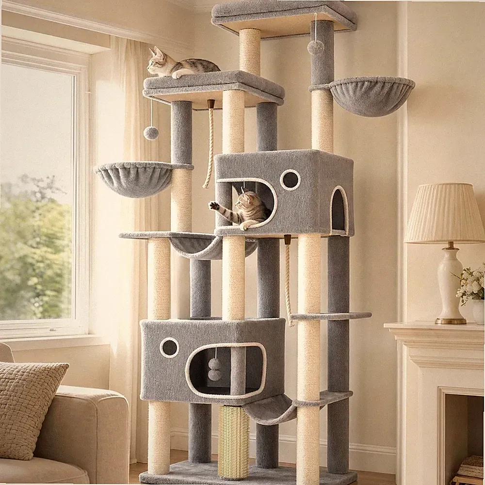 Katzenbaum XXL 213 cm Hellgrau 10 Kratzstämme 2 Höhlen 2 Plattformen für große