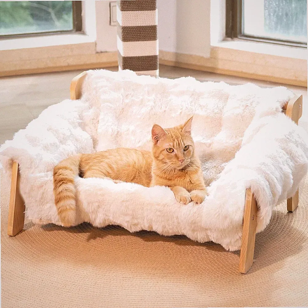 Katzenbett Erhöhtes Katzensofa Buchenholz Plüschdecke Waschbar 70x47cm 15kg