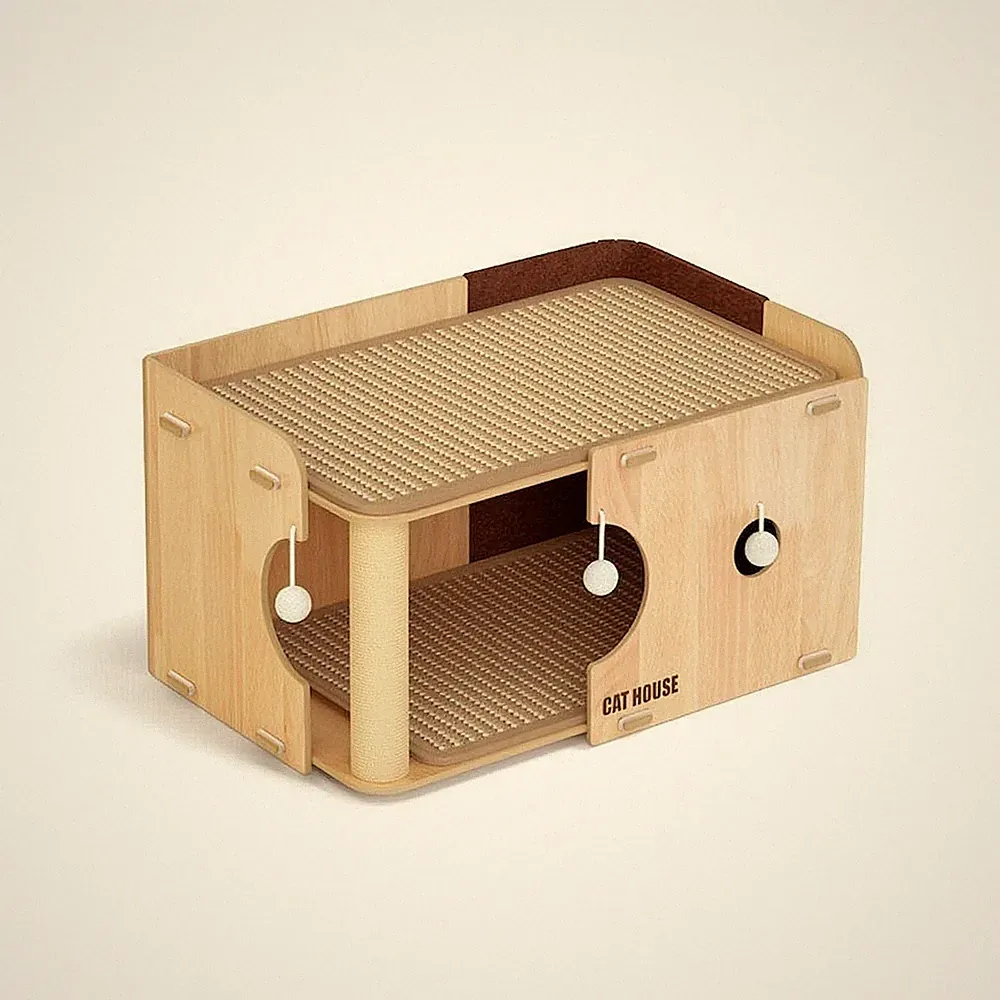 Katzenhaus mit Kratzbrett 2-in-1 Kratzhaus mit Spielzeug Geräumig für Wohnzimmer