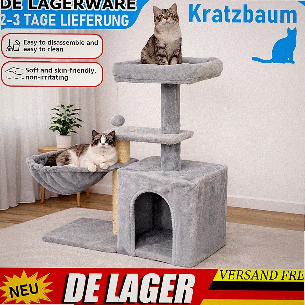 Katzenhaus mit Rampe oder Kratzbaum mit Höhle, Sisalpfosten in Grau für Katzen