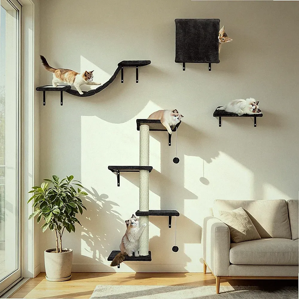 Katzenkletterwand 10-teilig Holz Plüsch Kratzbaum Wandmontage Schwarz 105cm