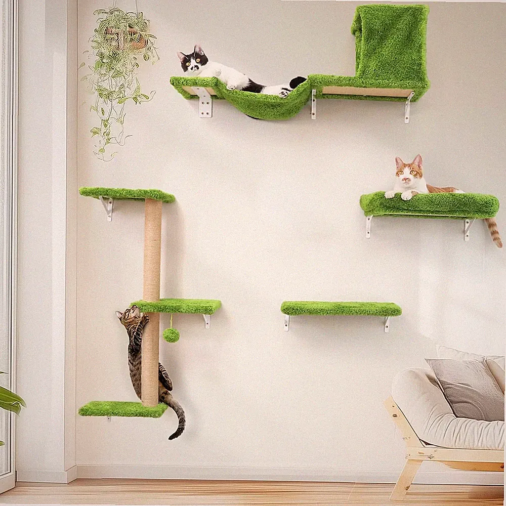 Katzenkletterwand Set 10-tlg Wandmontage Kratzbaum Hängematte beige bis 18kg