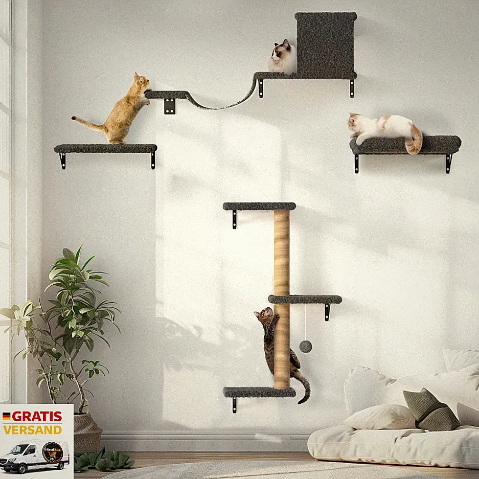 Katzenkletterwand Set 4 Ebenen Grau Robust Multiplex 18kg