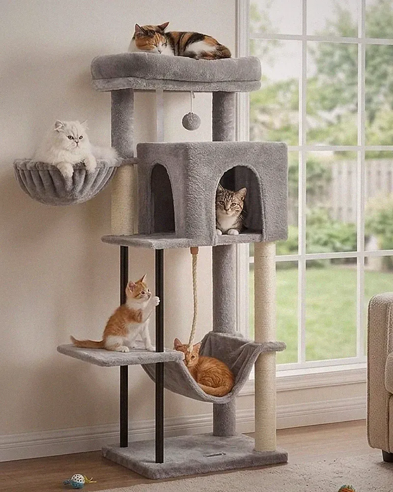 Katzenkratzbaum 110 cm Hellgrau mit Hängematte und Katzenhaus für kleine Katzen