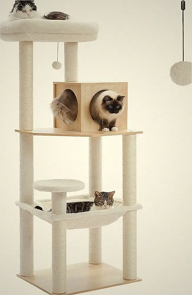 Katzenkratzbaum 143cm Beige Moderner Kratzbaum mit Hängematte und Sisal-Seil