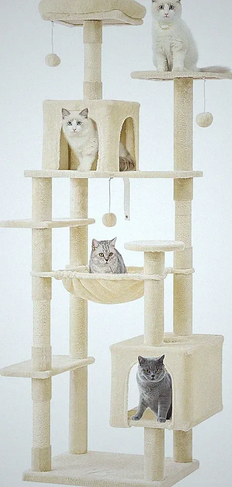 Katzenkratzbaum 160 cm – 2 Plattformen, 2 Höhlen, Hängematte, Sisal, Holz