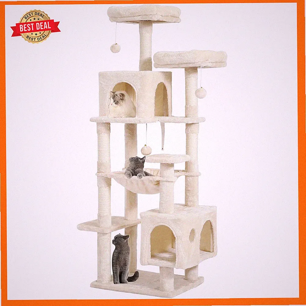 Katzenkratzbaum 160 cm groß – 2 Plattformen, 2 Höhlen, Hängematte, Sisal