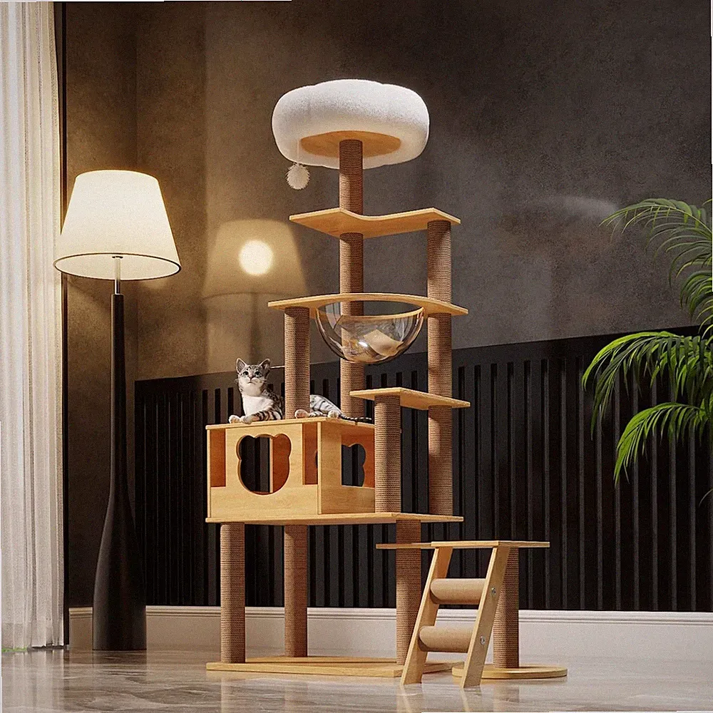 Katzenkratzbaum 165 cm Kratzbaum mit Raumkapsel Plüs Plattformen, Sisal