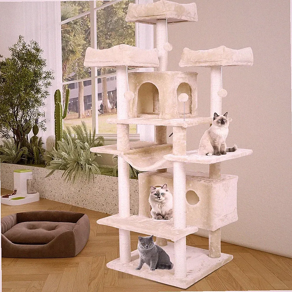 Katzenkratzbaum 175 cm – 3 Ebenen, 2 Höhlen, Sisal, Plush, Anti-Kipp