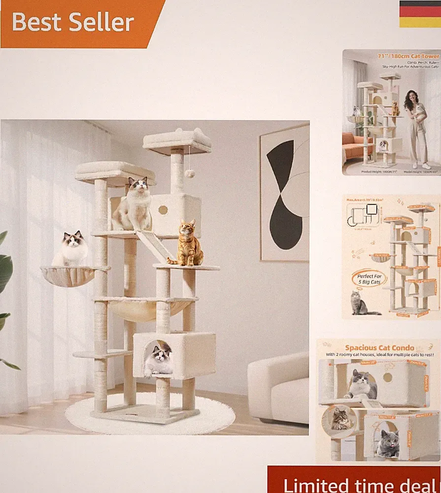 Katzenkratzbaum 180 cm Beige - Stabil mit Hängematte & Spielzeugen für Spaß