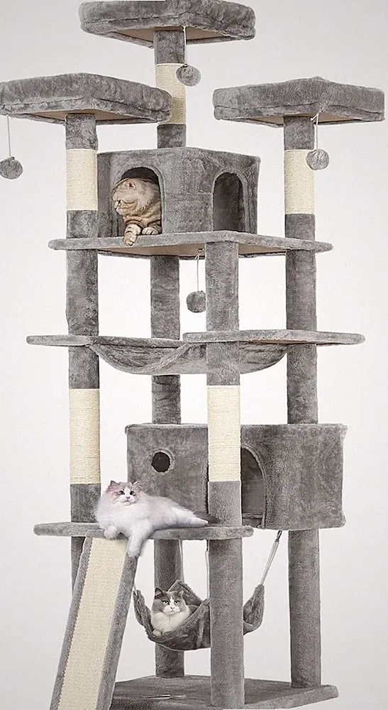 Katzenkratzbaum 194 cm hoch – 3 Plattformen, Höhlen, Hängematten, Sisal