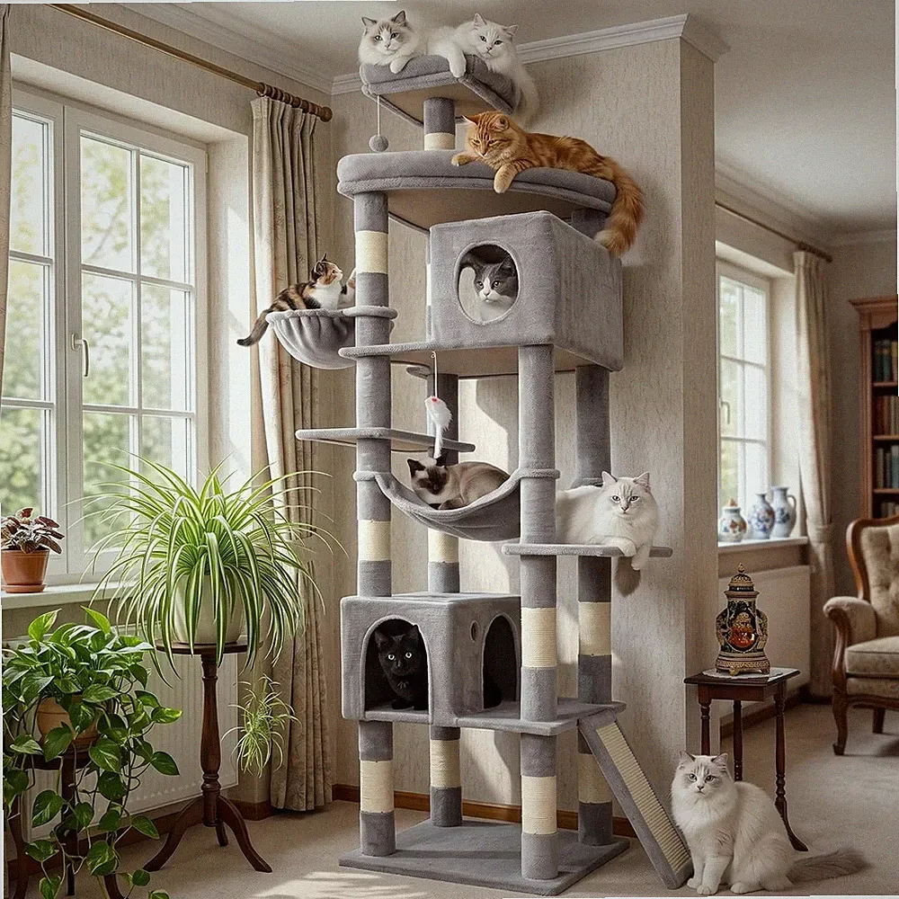 Katzenkratzbaum 210 cm Sisal Höhlen Hängematte Multifunktional