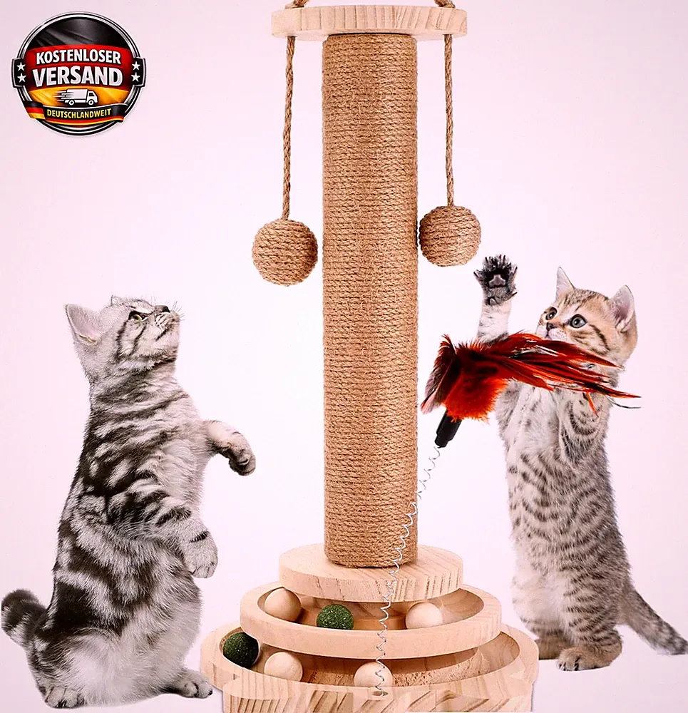 Katzenkratzbaum 4-in-1 interaktives Spielzeug mit Bällen Holzspielzeug für klein