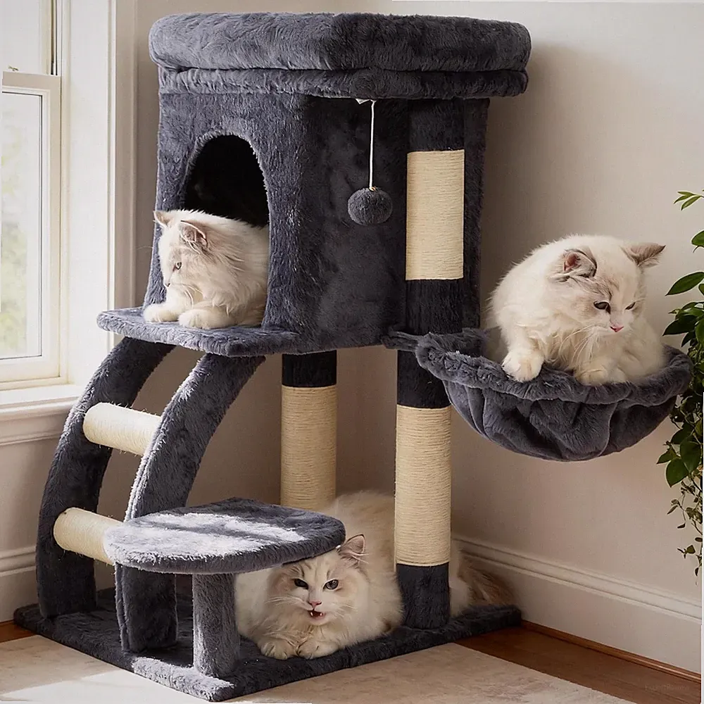 Katzenkratzbaum 75cm Multifunktional mit Höhle Hängematte Kletterleiter Grau