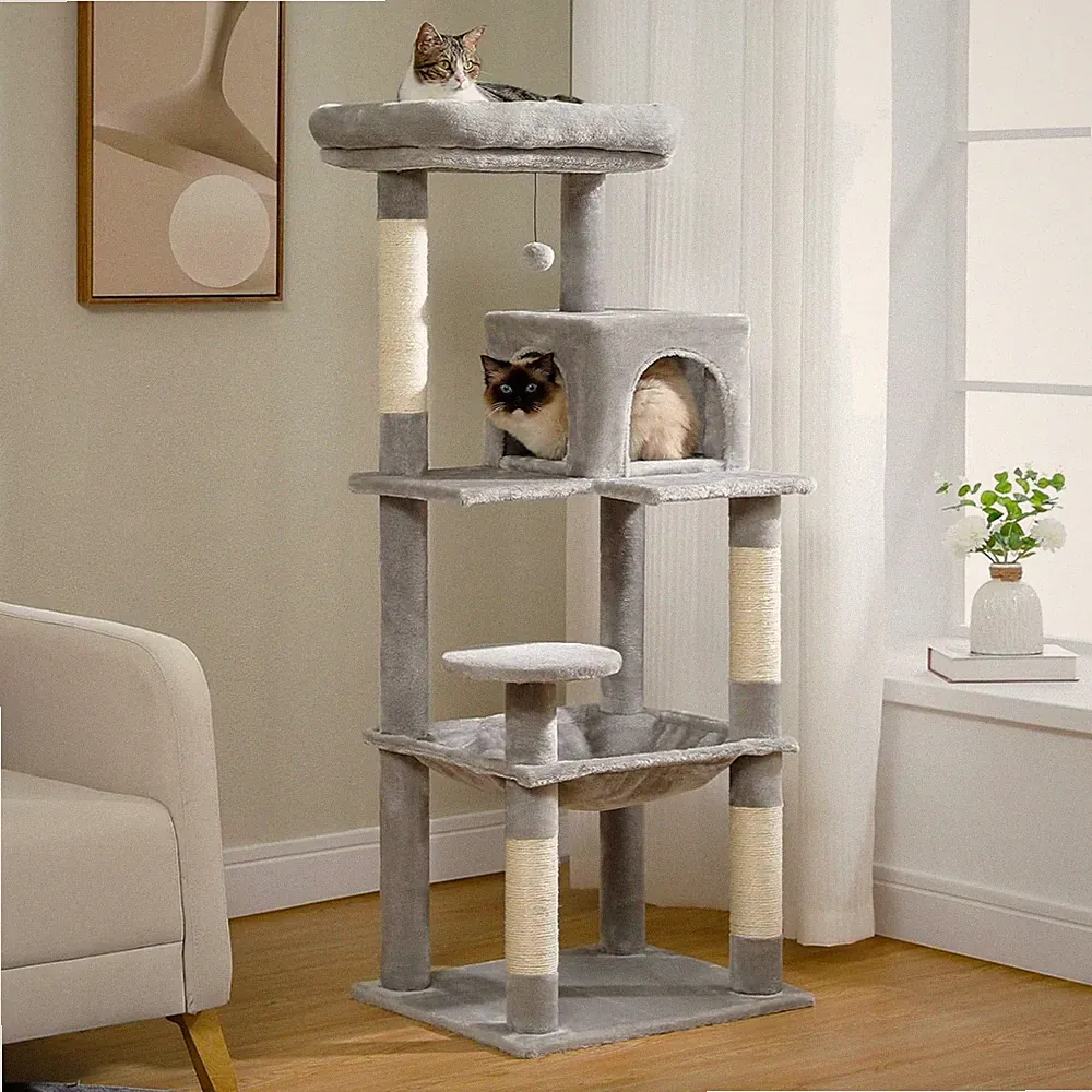 Katzenkratzbaum groß 143 cm stabil mit Hängematte, 6 Ebenen, Sisal plüsch Grau