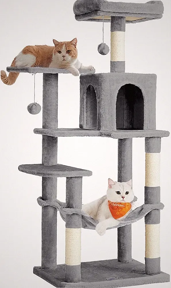 Katzenkratzbaum groß stabil 143 cm mit 1 Höhlen, 2 Körben, Hängematte & Sisal