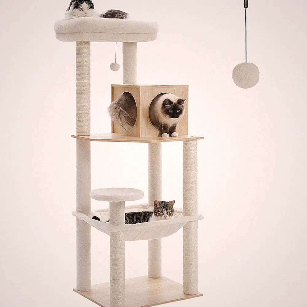 Katzenkratzbaum Holz 143cm Kratzbaum Kratzbaum Sisal Baum Modern beige