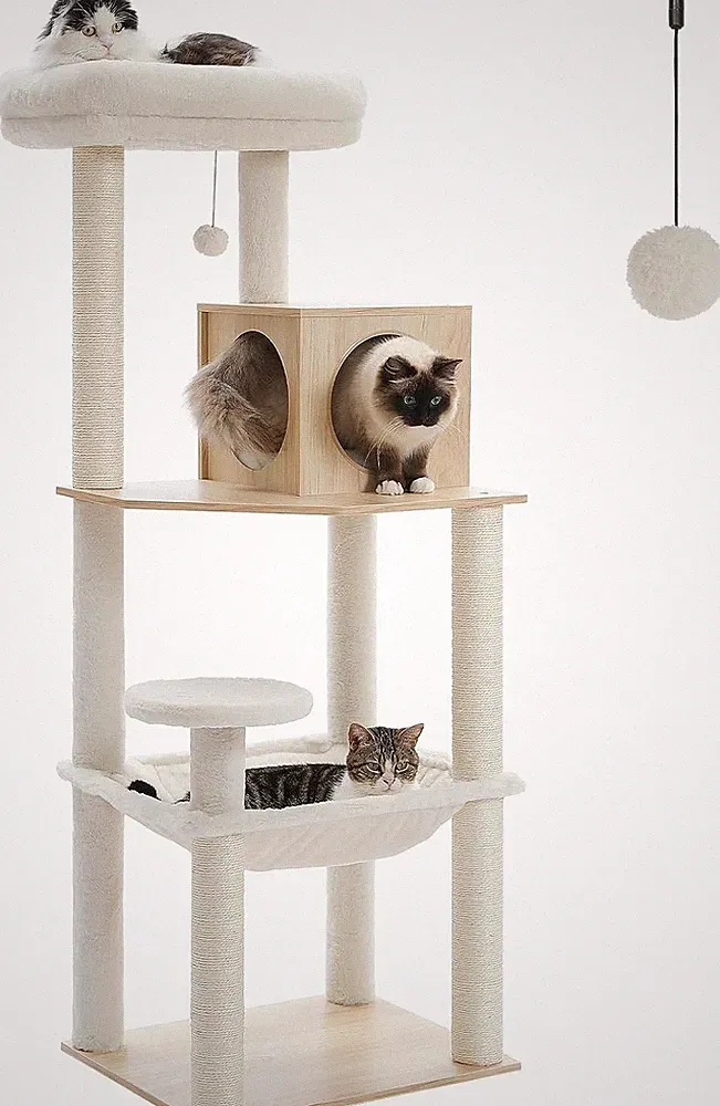 Katzenkratzbaum Holz 143cm Sisal Seil Säule Hängematte