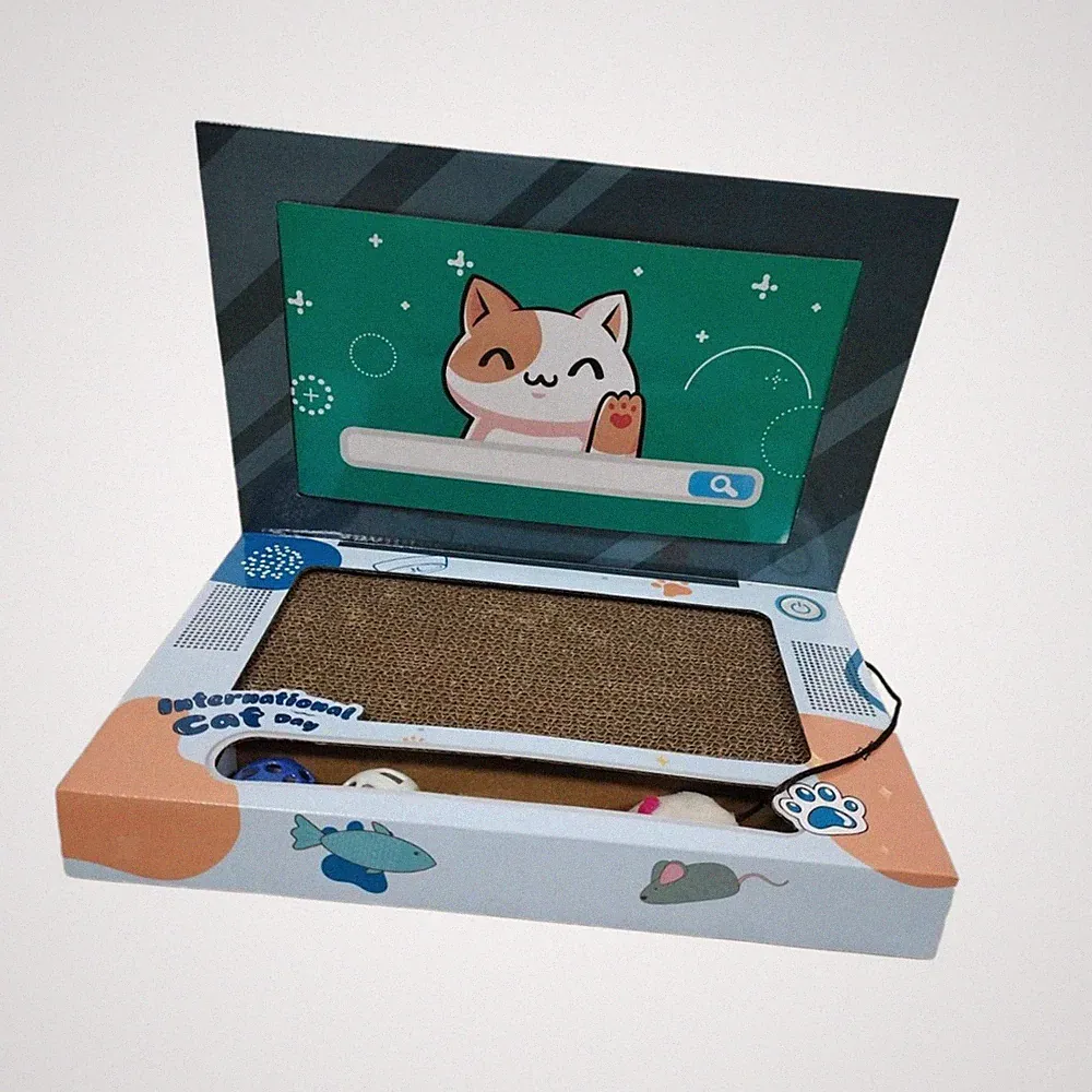 Katzenkratzbaum, Kätzchenspielzeug in Laptopform mit Kugelbahn.