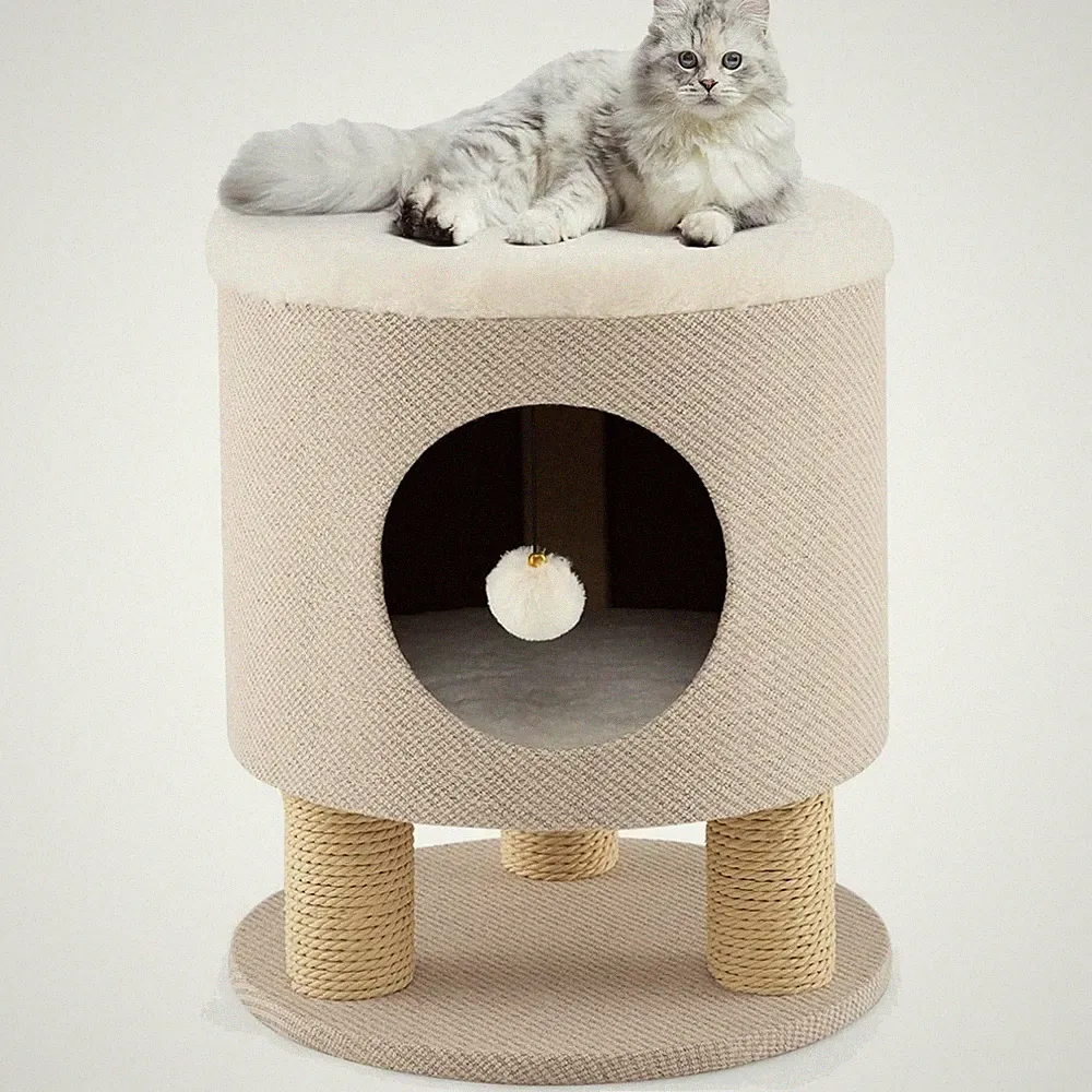 Katzenkratzbaum Klein 40x40x47cm Holz Klettern Spielball Sisal Hocker Beige