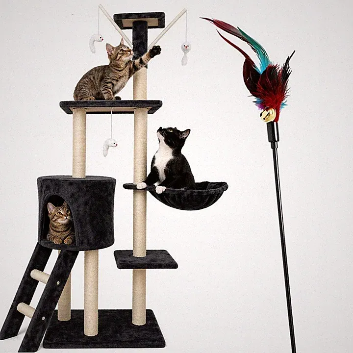 Katzenkratzbaum Kratzbaum Kletterbaum Grau Plüsch Sisal Höhle 138cm + Spielangel