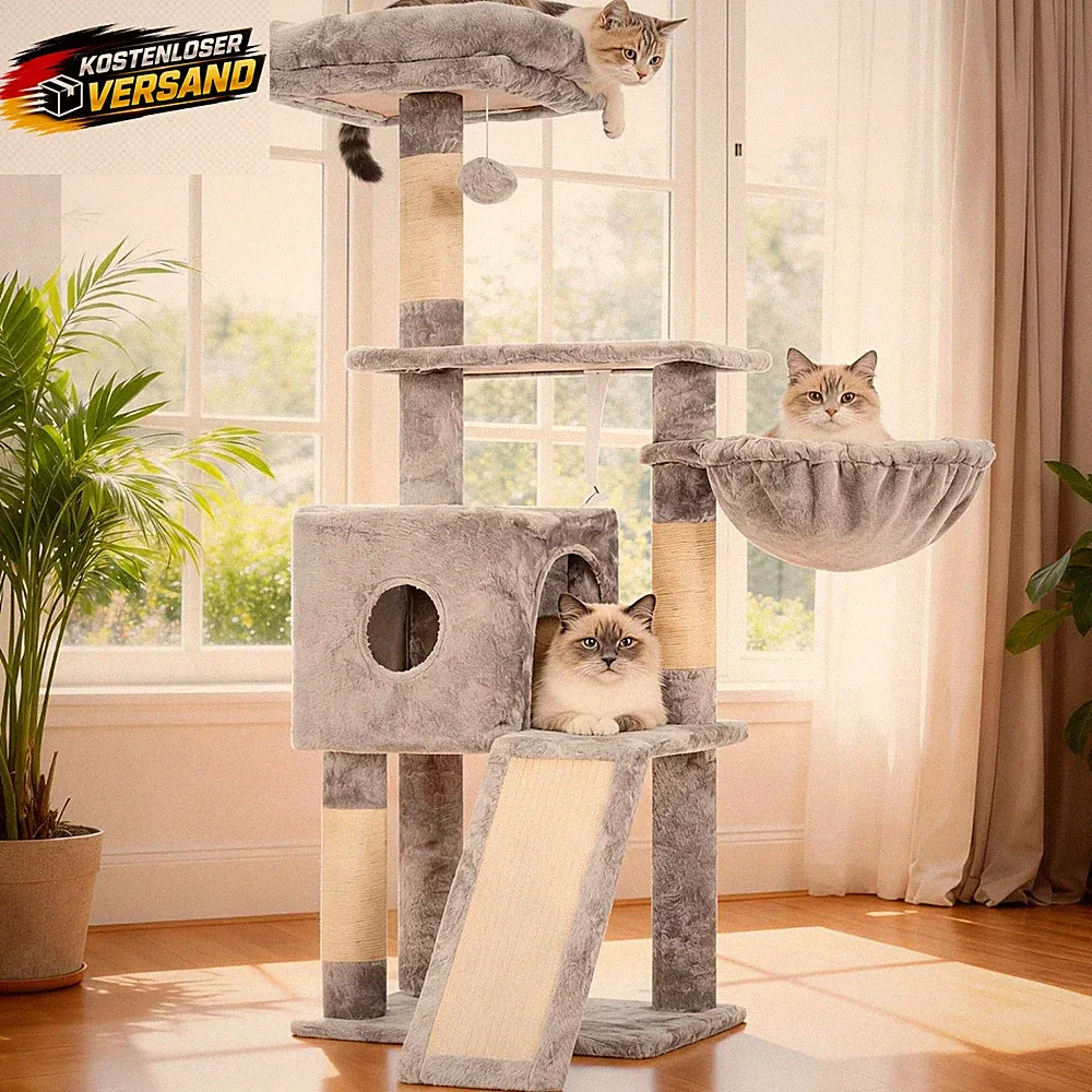 Katzenkratzbaum mehrstöckig mit Höhle Plattform Sisal Zubehör hellgrau