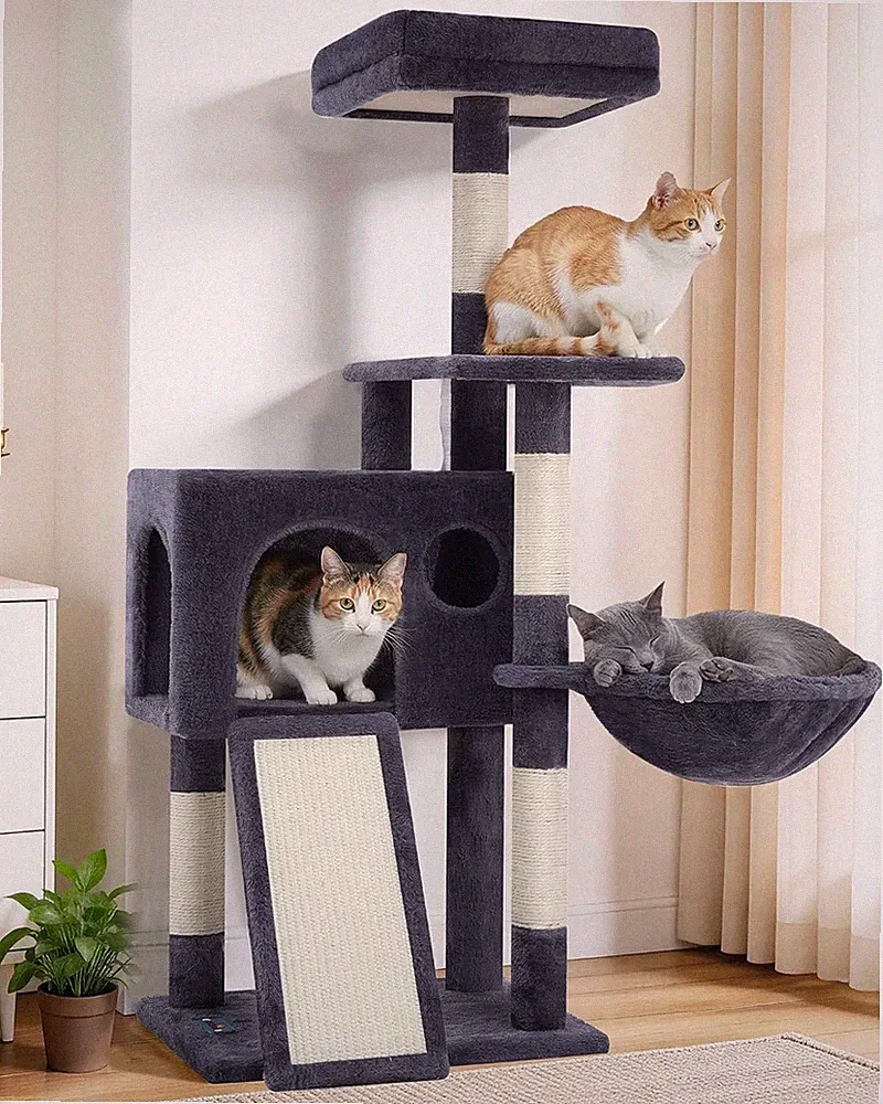 Katzenkratzbaum mit Hängematte und Spielball 107 cm Rauchgrau GCT